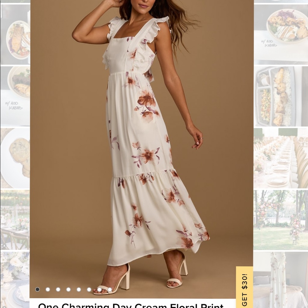 Lulus  Cream Floral Print Ruffled Tie-Back Maxi Dress